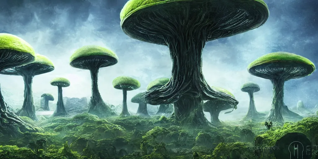 Prompt: an alien landscape with alien trees, giant mushrooms, plants. Alien animals are walking around. In the background you can see a futuristic city. Happy, uplifting. Detailed digital matte painting