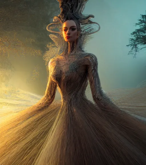 Image similar to beauteous practical sumptuous biomechanical with incredible hair, projected ray traced oled retinal overlays, crystalline masterpiece incrustations, hyperdetailed face, elegant pose, movie still, intricate, octane render, cinematic forest lighting, cgsociety, unreal engine, crepuscular rays, god rays