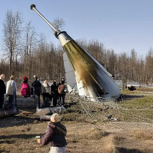 Image similar to on the territory of the Russian village house in Russia there is a large funnel after a missile strike near which a crowd of people gathered and takes pictures of it