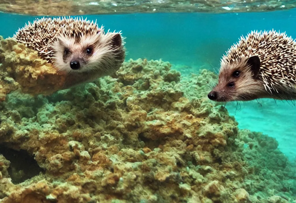 Prompt: a hedgehog swimming in a coral reef