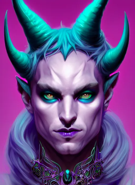 Image similar to symmetry!! portrait of a feminine mischievous trickster male purple and teal skinned tiefling with demon horns and piercings bard, glowing lights!! intricate, elegant, highly detailed, digital painting, artstation, concept art, smooth, sharp focus, illustration, art by artgerm and greg rutkowski and alphonse mucha