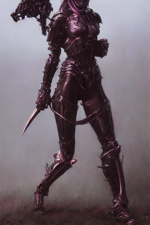 Prompt: Gothic girl in bikini armor, dark fantasy, artstation, painted by Wayne Barlowe, Zdislav Beksinsk