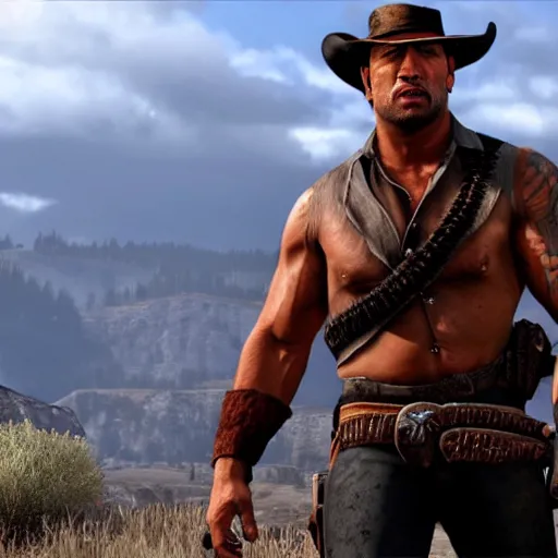 Prompt: dwayne the rock johnson as red dead redemption screenshot from red dead redemption