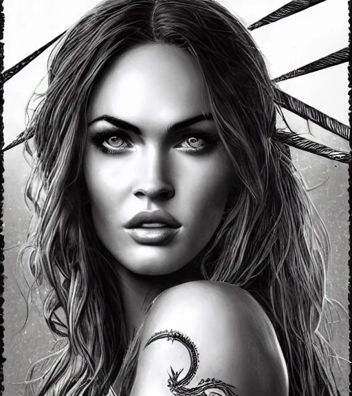 Image similar to portrait of megan fox as beautiful aphrodite goddess as an archer, arrow crown, beautiful piercing eyes, flowing blonde hair, realistic face, black and white drawing, in the style of greg rutkowski, fantasy, amazing detail, epic, intricate, elegant, smooth, sharp focus