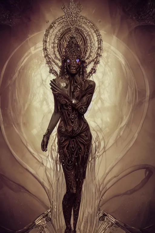 Prompt: a realistic dark photo of a beautiful ancient alien woman goddess kate moss nataraja standing in iris van herpen dress jewelery and fractals in style of alphonse mucha art nuvo dmt trending on artstation made in unreal engine 4