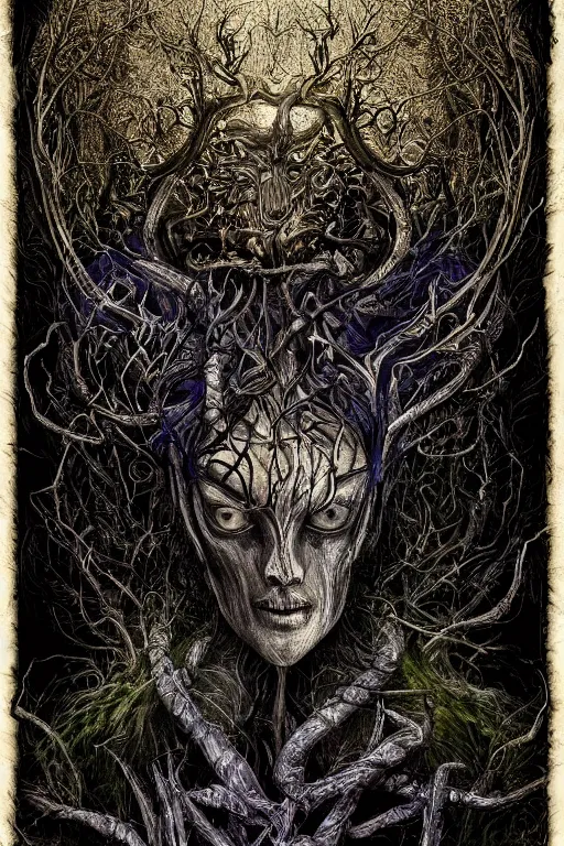 Prompt: portrait of psilocybe azurescens deity in sinister deep dark forest ambience, in style of dark fantasy art, in style of Midjourney, stylized, detailed and intricate, mandelbulber fractal, elegant, ornate, horror, elite, ominous, haunting, beautiful digital painting, cinematic, cgsociety, H.R. Giger, Zdizslaw Beksinski, James jean, Noah Bradley, Darius Zawadzki, vivid chromatic colors and vibrant outlines