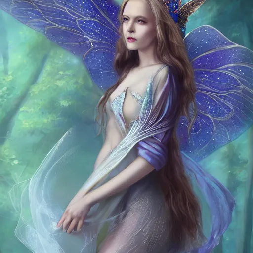 Image similar to detailed portrait of a fairy queen with wings wearing a magic silk and lace robe with a hood, crown, pixie, iris, realism, emerald, galaxy, sapphire,blonde hair going down to the floor, moonlit, dark fantasy, dramatic lighting, cgsociety, artstation