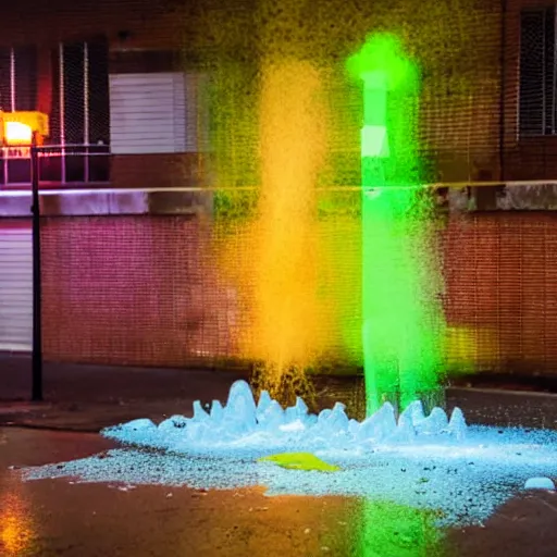 Image similar to a sidewalk covered in soap in front of a soap factory with a lit neon sign saying'soap factory ', bubbles float through the air