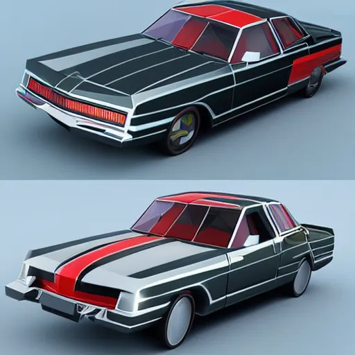 Prompt: a 3d low poly game object of a retro car