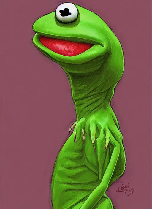 Image similar to portrait of kermit the frog in existenz ( 1 9 9 9 ), highly detailed, centered, solid color background, digital painting, artstation, concept art, smooth, sharp focus, illustration, artgerm, donato giancola, joseph christian leyendecker, les edwards, ed repka, wlop, artgerm