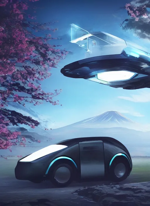 Prompt: a futuristic solarpunk tesla cyber truck vehicle hover craft in the future of 2 0 8 9 futuristic version, cyberpunk look. digital art. trending on artstation. cyberpunk look hovering by mount fuji early in the morning with a few blossom trees around, high quality photo