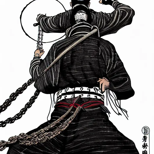 Image similar to A PORTRAIT FROM BEHIND OF A SAMURAI MAN VAGABOND WITH A MOON BEHIND HIM ,THE SAMURAI IS WRAPPED IN CHAINS ,detailed, concept art, ink style , sketch