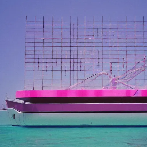 Image similar to a pastel colour high fidelity wide angle Polaroid art photo from a holiday album at a seaside of a large luxury pink ship in the sea surrounded by abstract inflatables parachute art, all objects made of transparent iridescent Perspex and metallic silver, a grid of sun beds iridescence, nostalgic