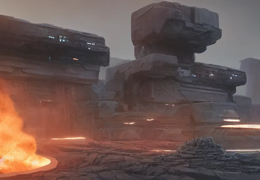 Prompt: a minimalist alien planet scifi brutalist futuristic robot temple exterior with an iron forge smelting pits with columns of glowing plasma smoke, high dynamic range, ilm, beeple, star citizen halo, mass effect, bladerunner, elysium