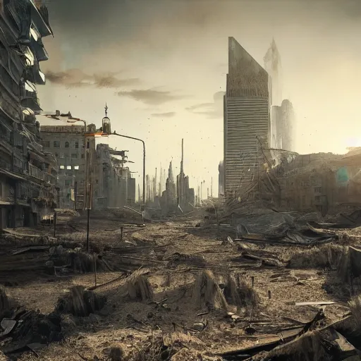 Image similar to post apocalyptic tallinn, matte painting, hyper realistic render, octane render, cryengine, unreal engine, cyberpunk, dark art, digital art