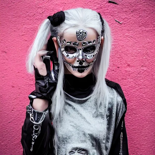 Image similar to very cool girl brilliant silver hair girl wearing a silver sugar skull mask techwear cyberpunk style outfit full body nose piercing detailed portrait intricate comp