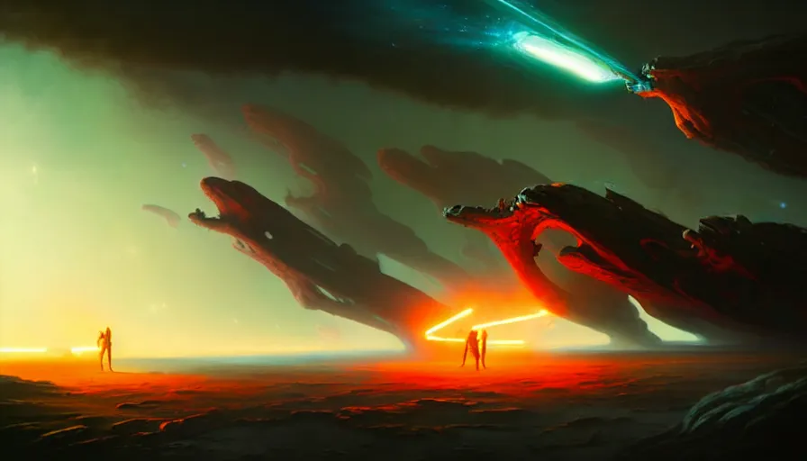 Prompt: paint a sci - fi battle epic scene as sd ai and tom bagshaw would paint it, epic scene on planet surface, glowing light and shadow, cinematic lighting, unreal engine, atmospheric, god lighting