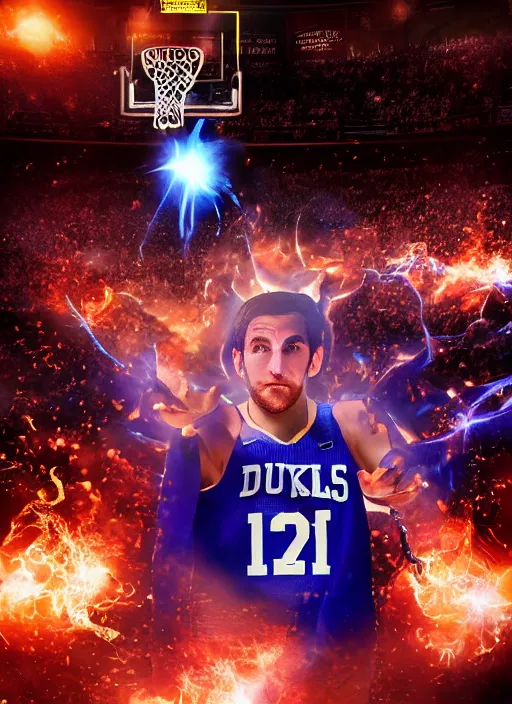 Prompt: portrait photography of mike krzyzewski as the god king emperor, blue devils, basketball, glowing, divinity power, volumetric light, unreal engine 5