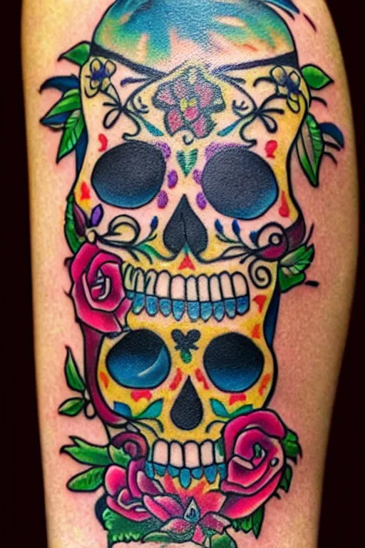 Image similar to tattoo of sugar skull, bright colors