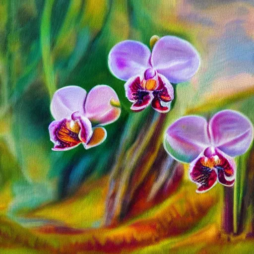 Prompt: impressionist painting of orchids in sunlight hd