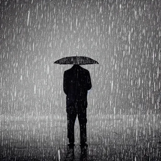 Prompt: a man standing in the rain looking up toward the sky pondering life sad