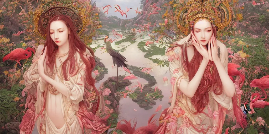 Image similar to breathtaking detailed concept art painting of the goddess of flamingo, orthodox saint, with anxious, piercing eyes, ornate background, epic composition, amalgamation of leaves and flowers, by Hsiao-Ron Cheng and John James Audubon and Miho Hirano, extremely moody lighting, 8K