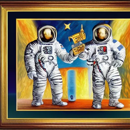 Image similar to set of painting, art noveau, astronauts, with a golden frame