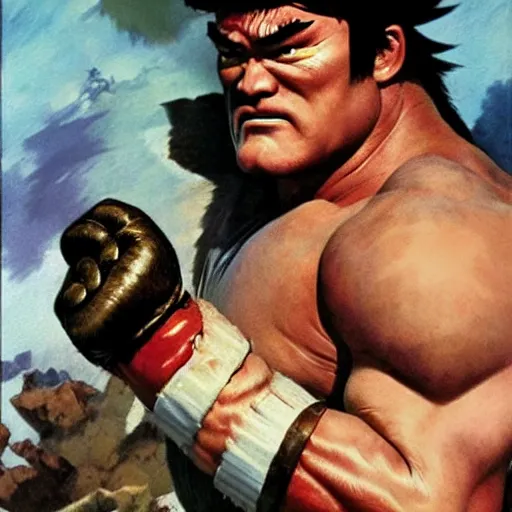 Image similar to ultra realistic david koechner as ryu from street fighter, painting by frank frazetta, 4 k, ultra realistic, highly detailed,