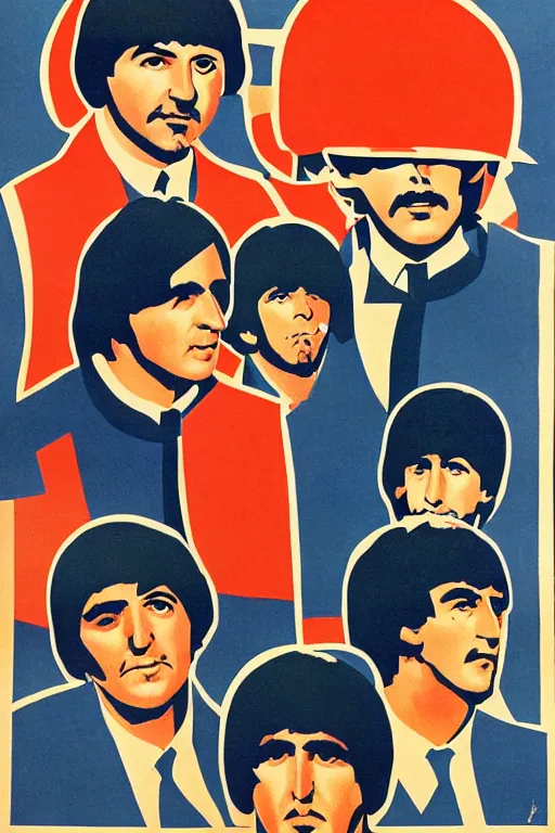 Image similar to the beatles as heroes on a soviet realism style propaganda poster