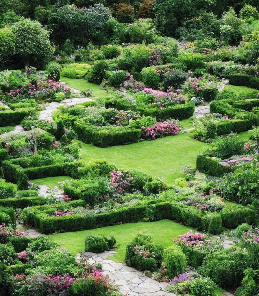 Image similar to a garden, garden landscape, symmetrical landscape ， by andre le notre ， trending ，