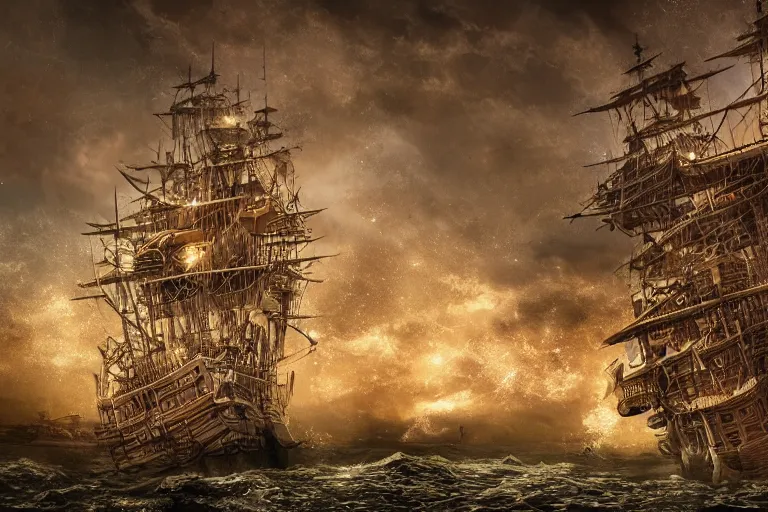 Prompt: A pirate city hauled across the oceans... A hidden miracle about be revealed... These are the ingredients of an astonishing story. It is the story of a prisoner's journey. Photo-realistic UHDR, hyperrealism, highly detailed, cinematic, luminescence, 32k, iridescence, high contrast, intricate, mystery, epic, fantasy