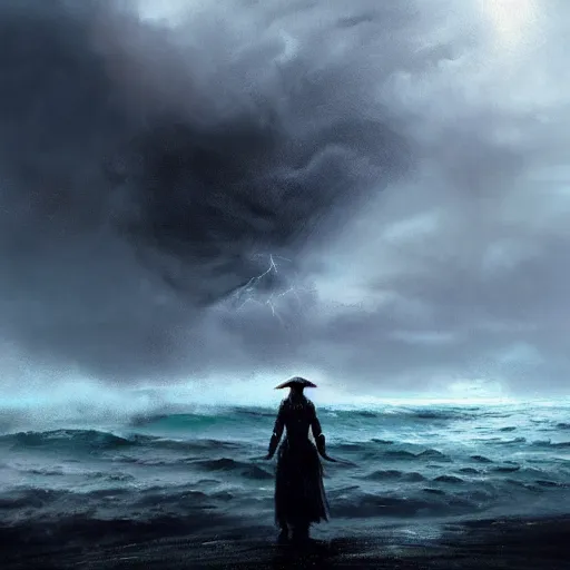 Prompt: concept art, facing the back of a womand standing alone in the middle of a sea storm, thunderstom, rain, medieval, dark concept art, dark skies painting by wlop, nixeu and greg rutkowski, beautiful, semirealism, artstation, octane render, oil painting, sharpness, 8 k, golden ratio