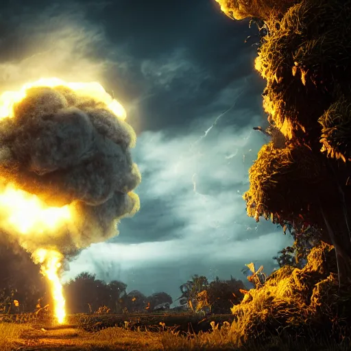 Prompt: huge explosion in the form of cotton plants, beautiful dynamic lighting, cinematic, extremely high detail, photo realistic, cinematic lighting, post processed, concept art, artstation, matte painting, unreal engine 8k