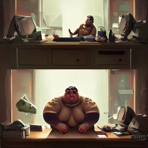 Image similar to a insanely detailed painting of a slightly overweight man wearing a homemade superhero costumed, sitting at a computer desk, nervously and clicking on the mouse, in the style of peter mohrbacher, dramatic lighting and composition, trending on artstation, concept art, comic book, graphic novel