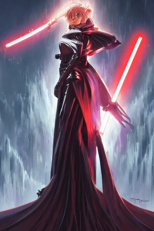 Image similar to anime key visual of a female darth vader goddess!!, intricate, stunning, highly detailed, digital painting, artstation, smooth, hard focus, starwars, sith, dark side, villain, the force, lucas films, illustration, art by artgerm and greg rutkowski and alphonse mucha