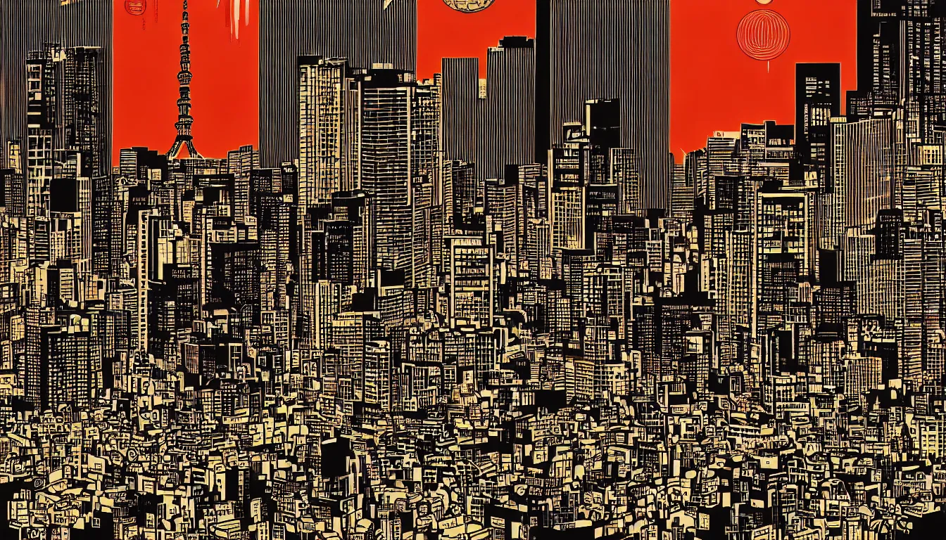 Image similar to tokyo by dan mumford and peter doig and edward hopper, symmetrical, minimal, black ink, thick lines highly detailed, muted colours, overlaid with chinese adverts, 8 k