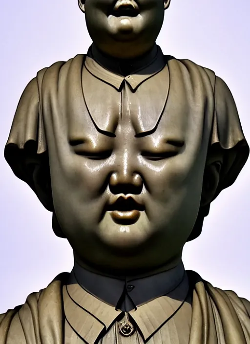 Image similar to medieval statue of kim jong un, elegant, filigree renaissance sculpture from jade, brilliant symmetry, created by verrocchio andrea, leonardo da vinci, sandro botticelli, raffaelle monti, epic 7 0 mm lens shot, artstation trending, photorealism, sharp focus, smooth, establishing shot, sense of awe