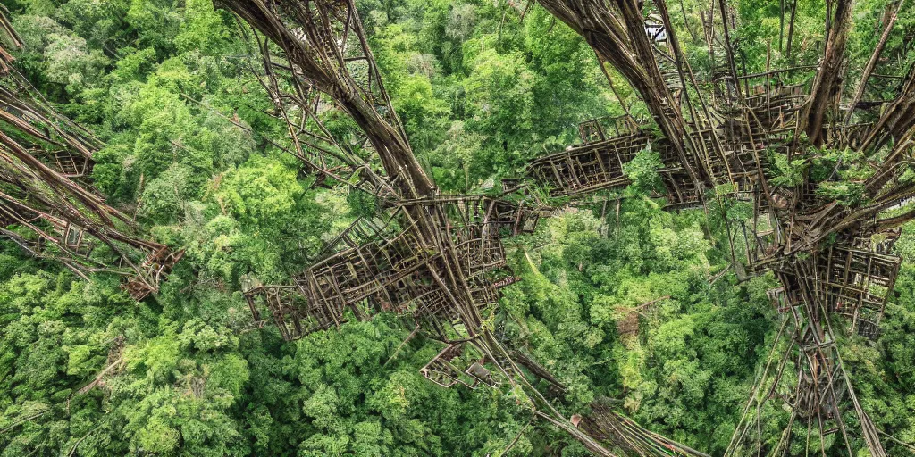 Image similar to a vast treehouse city built in an ancient forest, rope bridges, 8 k, shallow depth of field, intricate detail,