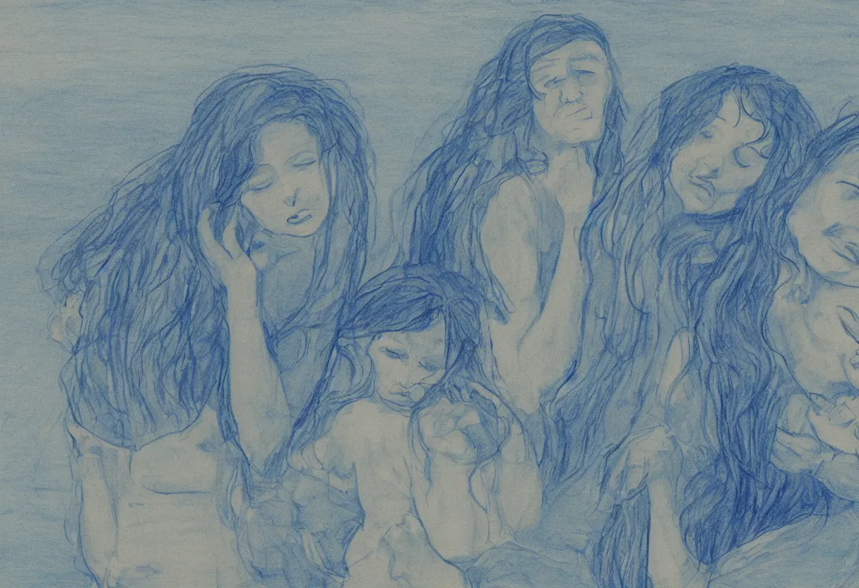 Image similar to a blue drawing of 3 maria's in a landscape crying