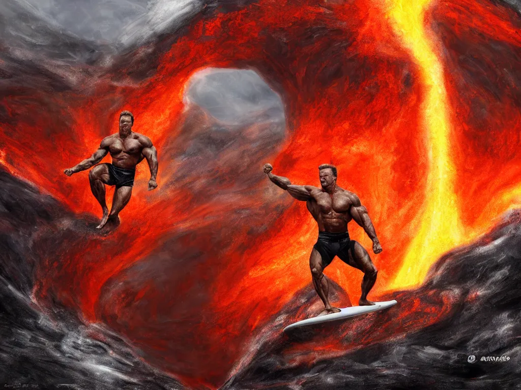 Image similar to arnold schwarzenegger surfing on lava, muscular, erupting volcano, stunning scene, 8 k, extremely detailed digital painting, depth, bright colors, trending on artstation