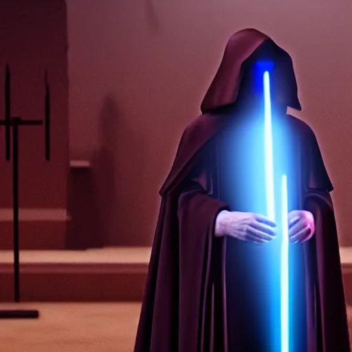 Image similar to emperor palpatine preaching to people at church, 8k cinematic lighting, very sharp detail, anatomically correct