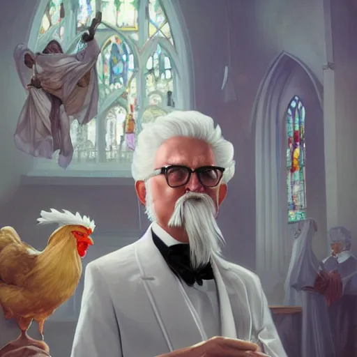 Prompt: wide shot of Colonel Sanders getting married to a chicken in a church, modern setting, intricate, elegant, highly detailed, digital painting, artstation, concept art, matte, sharp focus, illustration, hearthstone, art by Artgerm and Greg Rutkowski and Alphonse Mucha