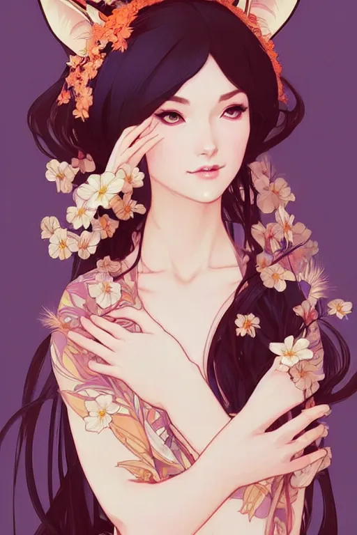 Prompt: A beautiful woman with fox ears who wears kimono, highly detailed, digital painting, artstation, concept art, smooth, sharp focus, illustration, art by artgerm and alphonse mucha, high definition digital art, in the style of Ross tran and ilya kuvshinov