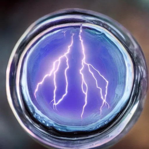 Prompt: close up photo of a violet lightning bolt trapped inside of a clear glass bottle