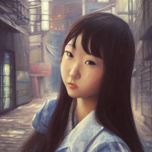 Image similar to a perfect, realistic professional oil painting of a Japanese schoolgirl posing in a dystopian alleyway, close-up, by a professional American senior artist on ArtStation, a high-quality hollywood-style concept