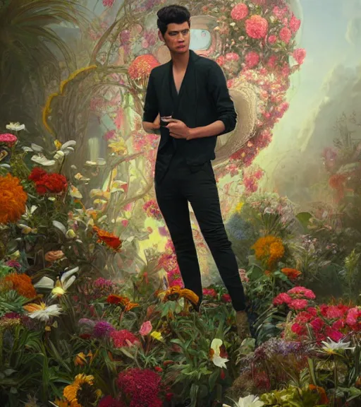 Image similar to portrait of a very handsome peruvian male model, surrounded by flowers by karol bak, james jean, tom bagshaw, rococo, trending on artstation, cinematic lighting, hyper realism, octane render, 8 k, hyper detailed.