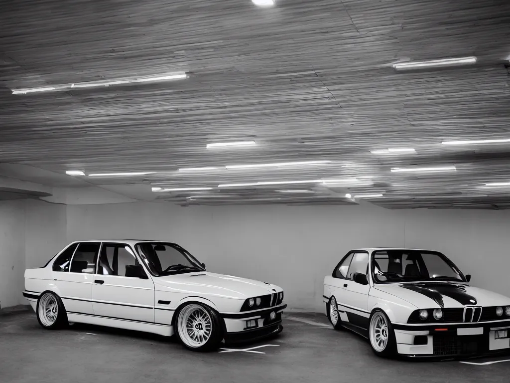 Image similar to a modified bmw e 3 0 with lights on in a futuristic neon parking garage, 3 5 mm photography, car photography, clean lines, realistic