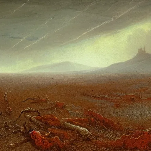 Image similar to a plague of locusts over burning forest and meadows on fire. desolate landscape. fields on fire. greg rutkowski gustave dore caspar david friedrich dystopian hyperdetailed landscape. millions of tiny locusts in the sky