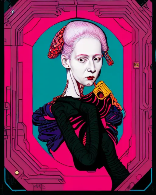 Image similar to portrait of a young pale woman with lilac hair, wearing a neon red dress by Vivienne Westwood, intricate details, cyberpunk, super-flat, in the style of James Jean, Bartholomäus the Elder, black background