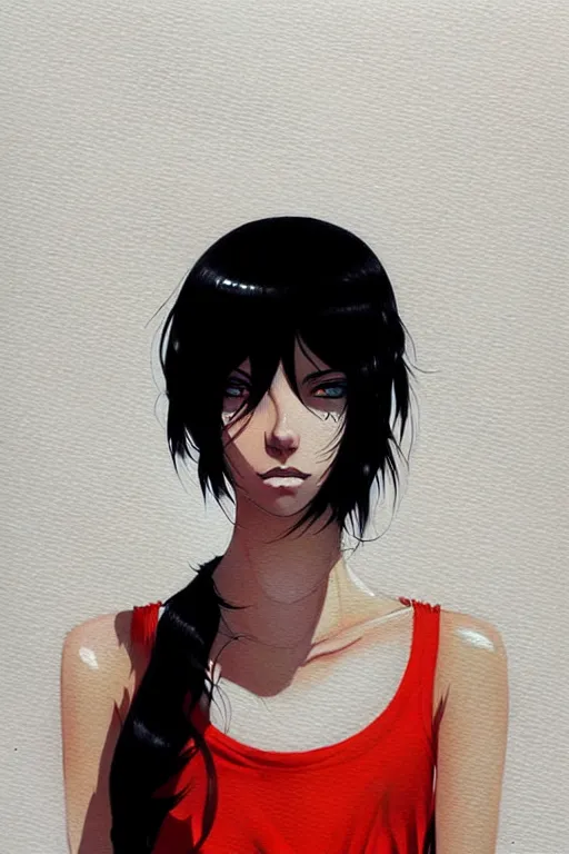 Image similar to a ultradetailed beautiful painting of a stylish woman with a white tank top, she has short black hair with bangs, by conrad roset, greg rutkowski and makoto shinkai trending on artstation